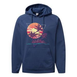 Retro Palm Trees Beach Sunset Tropical Summer Performance Fleece Hoodie