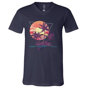 Retro Palm Trees Beach Sunset Tropical Summer V-Neck T-Shirt