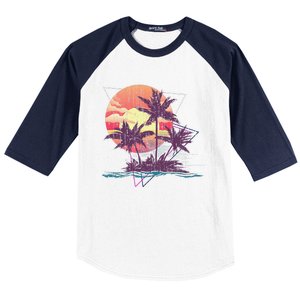 Retro Palm Trees Beach Sunset Tropical Summer Baseball Sleeve Shirt