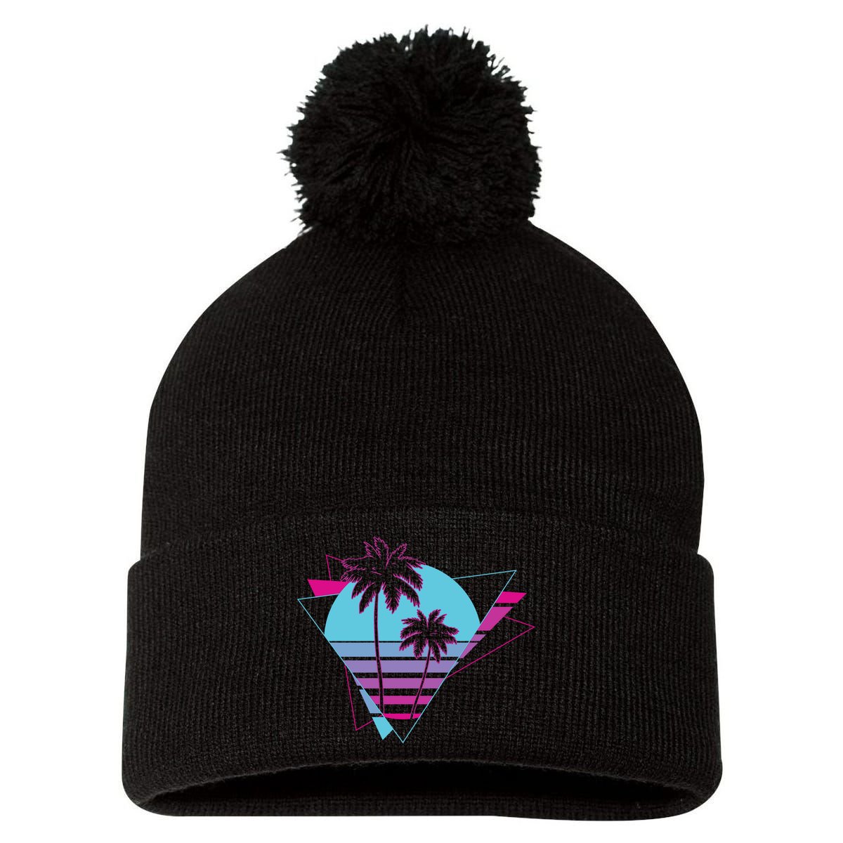 Retro Palm Tree Tropical Sunset Pom Pom 12in Knit Beanie