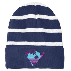 Retro Palm Tree Tropical Sunset Striped Beanie with Solid Band