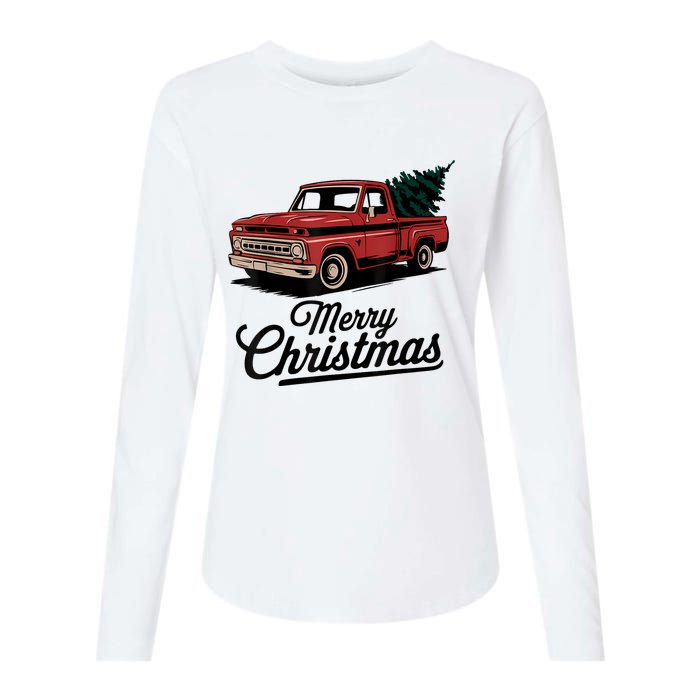 Red Pickup Truck Christmas Tree Vintage Christmas Womens Cotton Relaxed Long Sleeve T-Shirt