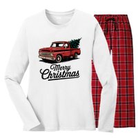 Red Pickup Truck Christmas Tree Vintage Christmas Women's Long Sleeve Flannel Pajama Set 