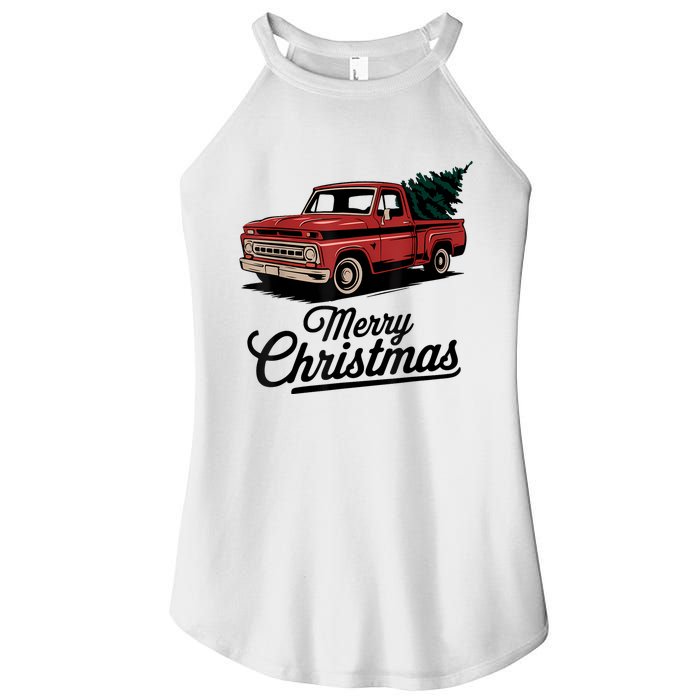 Red Pickup Truck Christmas Tree Vintage Christmas Women's Perfect Tri Rocker Tank