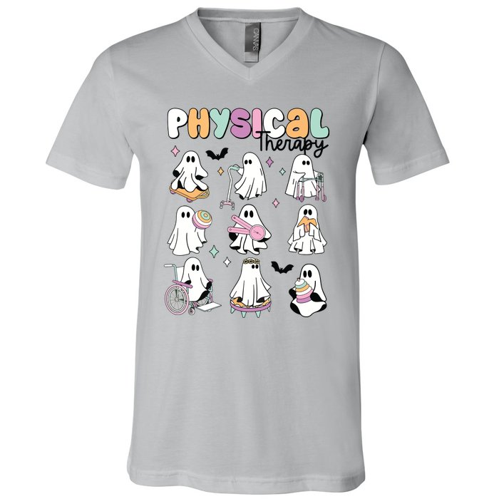 Retro Physical Therapy Halloween Ghosts Spooky PT V-Neck T-Shirt