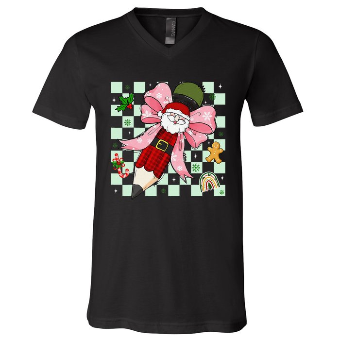 Retro Pencil Teacher Christmas Santa Coquette Bow Cookies V-Neck T-Shirt