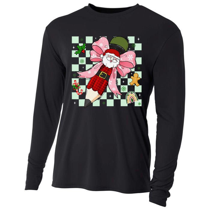 Retro Pencil Teacher Christmas Santa Coquette Bow Cookies Cooling Performance Long Sleeve Crew