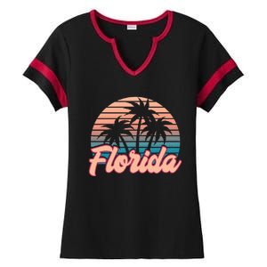 Retro Palm Trees Tropical Summer Vibes Florida Ladies Halftime Notch Neck Tee