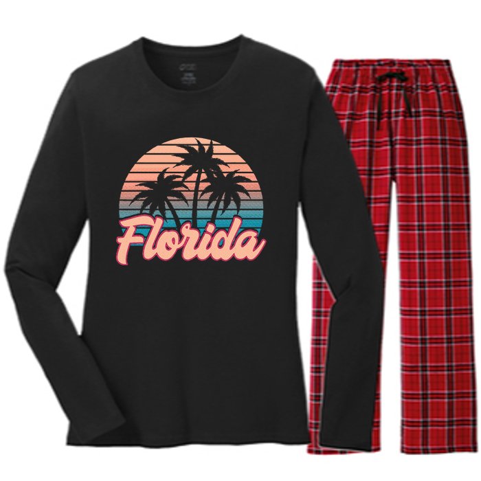 Retro Palm Trees Tropical Summer Vibes Florida Women's Long Sleeve Flannel Pajama Set 