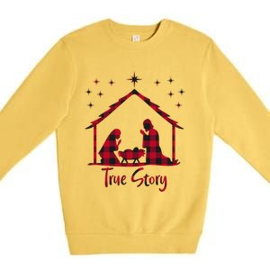 Red Plaid True Story Of Jesus Birth Christmas Nativity Gift Premium Crewneck Sweatshirt