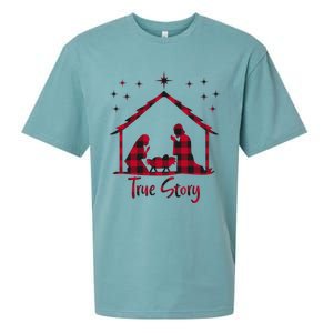 Red Plaid True Story Of Jesus Birth Christmas Nativity Gift Sueded Cloud Jersey T-Shirt