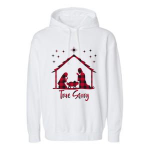 Red Plaid True Story Of Jesus Birth Christmas Nativity Gift Garment-Dyed Fleece Hoodie