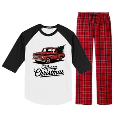 Red Pickup Truck Christmas Tree Vintage Christmas Raglan Sleeve Pajama Set