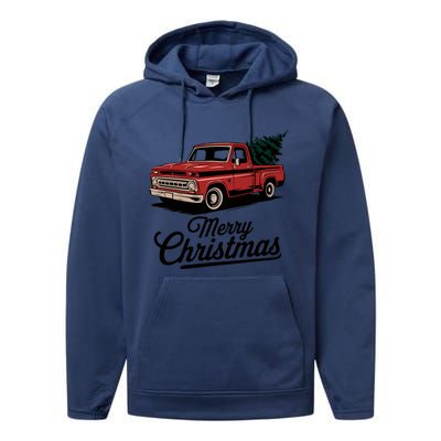 Red Pickup Truck Christmas Tree Vintage Christmas Performance Fleece Hoodie