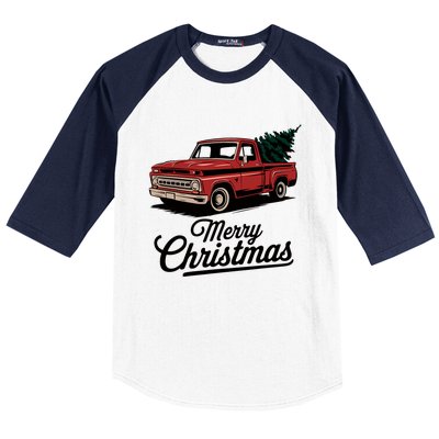 Red Pickup Truck Christmas Tree Vintage Christmas Baseball Sleeve Shirt