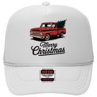 Red Pickup Truck Christmas Tree Vintage Christmas High Crown Mesh Back Trucker Hat