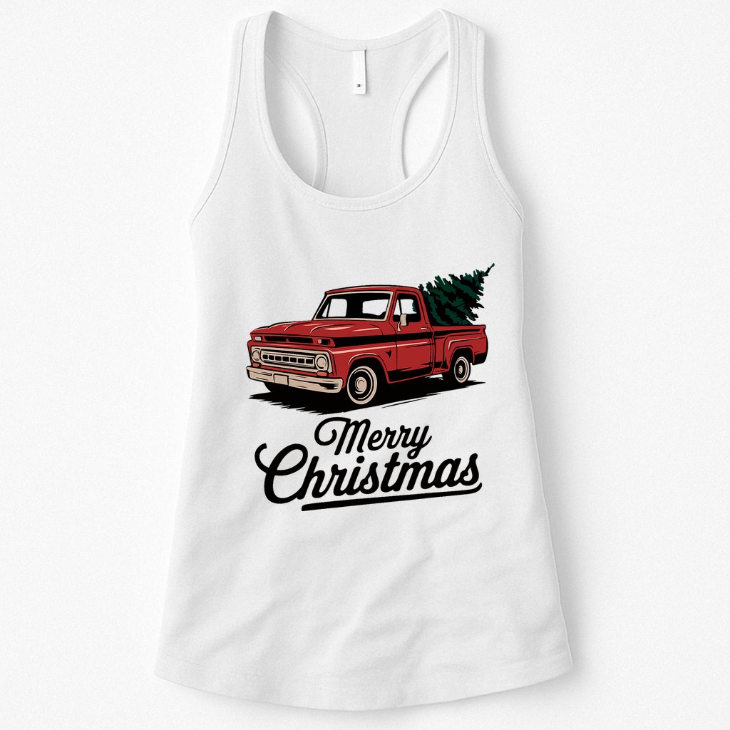Red Pickup Truck Christmas Tree Vintage Christmas Womens Tank Top
