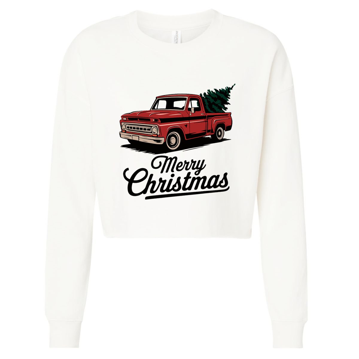Red Pickup Truck Christmas Tree Vintage Christmas Cropped Pullover Crew