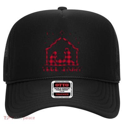 Red Plaid True Story Of Jesus Birth Nativity Christmas Gift High Crown Mesh Back Trucker Hat