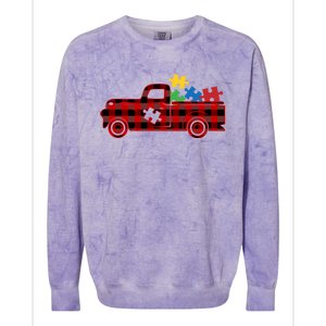 Red Plaid Truck Pickup Autism Puzzle Pieces Autism Awareness Meaningful Gift Colorblast Crewneck Sweatshirt