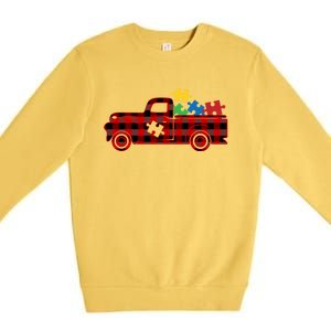 Red Plaid Truck Pickup Autism Puzzle Pieces Autism Awareness Meaningful Gift Premium Crewneck Sweatshirt