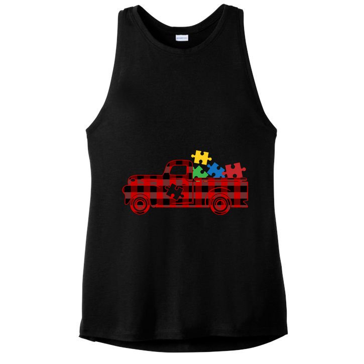 Red Plaid Truck Pickup Autism Puzzle Pieces Autism Awareness Meaningful Gift Ladies PosiCharge Tri-Blend Wicking Tank