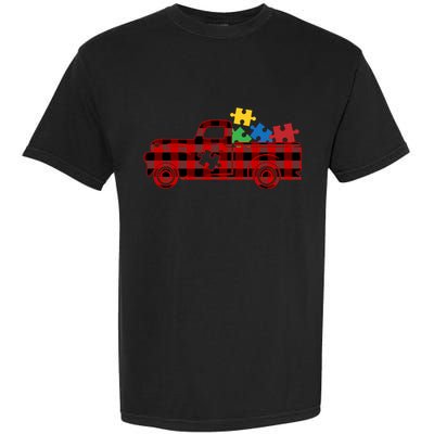 Red Plaid Truck Pickup Autism Puzzle Pieces Autism Awareness Meaningful Gift Garment-Dyed Heavyweight T-Shirt
