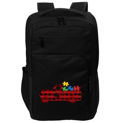 Red Plaid Truck Pickup Autism Puzzle Pieces Autism Awareness Meaningful Gift Impact Tech Backpack