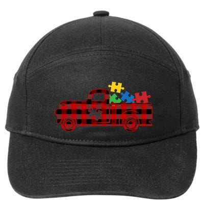 Red Plaid Truck Pickup Autism Puzzle Pieces Autism Awareness Meaningful Gift 7-Panel Snapback Hat
