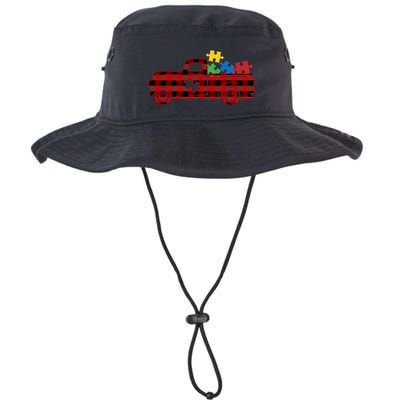 Red Plaid Truck Pickup Autism Puzzle Pieces Autism Awareness Meaningful Gift Bucket Hat