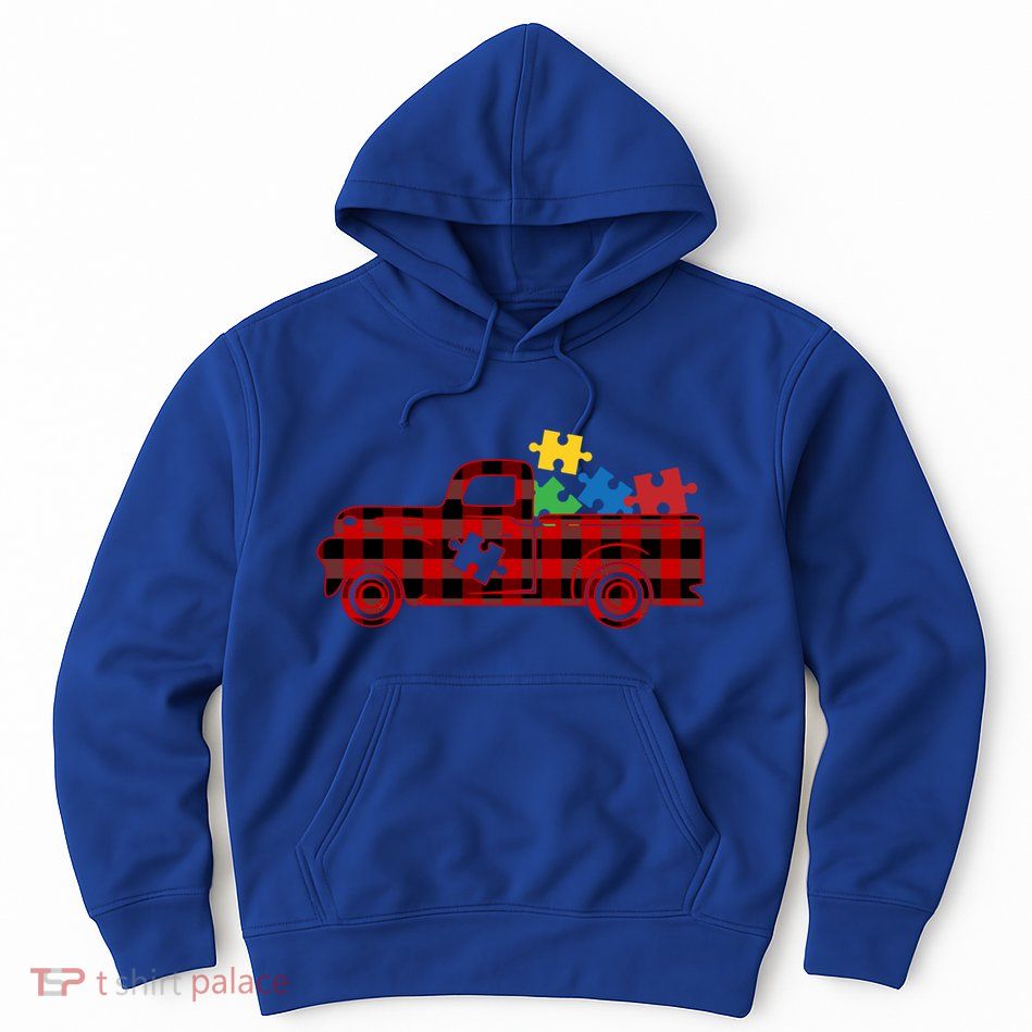 Red Plaid Truck Pickup Autism Puzzle Pieces Autism Awareness Meaningful Gift Hoodie