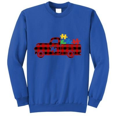 Red Plaid Truck Pickup Autism Puzzle Pieces Autism Awareness Meaningful Gift Sweatshirt