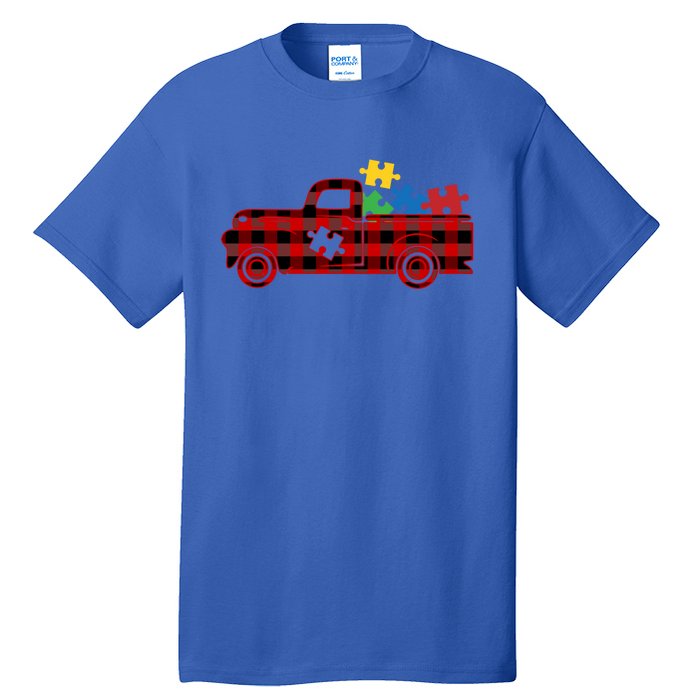 Red Plaid Truck Pickup Autism Puzzle Pieces Autism Awareness Meaningful Gift Tall T-Shirt