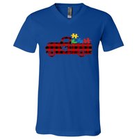 Red Plaid Truck Pickup Autism Puzzle Pieces Autism Awareness Meaningful Gift V-Neck T-Shirt