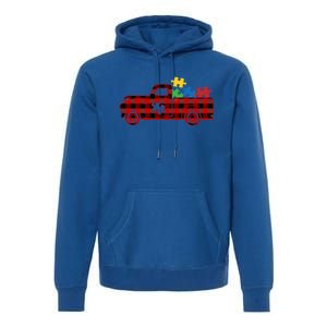 Red Plaid Truck Pickup Autism Puzzle Pieces Autism Awareness Meaningful Gift Premium Hoodie