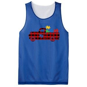 Red Plaid Truck Pickup Autism Puzzle Pieces Autism Awareness Meaningful Gift Mesh Reversible Basketball Jersey Tank