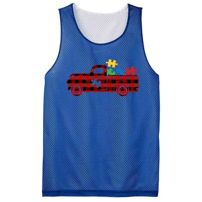 Red Plaid Truck Pickup Autism Puzzle Pieces Autism Awareness Meaningful Gift Mesh Reversible Basketball Jersey Tank