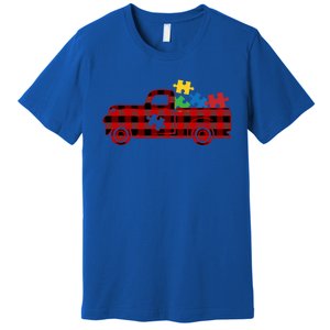 Red Plaid Truck Pickup Autism Puzzle Pieces Autism Awareness Meaningful Gift Premium T-Shirt