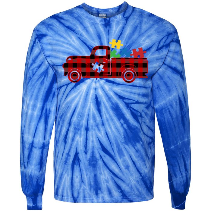 Red Plaid Truck Pickup Autism Puzzle Pieces Autism Awareness Meaningful Gift Tie-Dye Long Sleeve Shirt