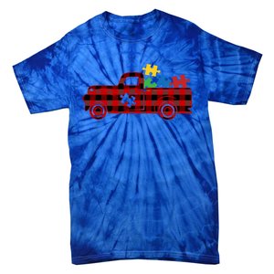 Red Plaid Truck Pickup Autism Puzzle Pieces Autism Awareness Meaningful Gift Tie-Dye T-Shirt