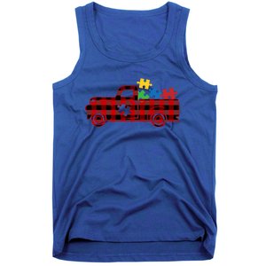 Red Plaid Truck Pickup Autism Puzzle Pieces Autism Awareness Meaningful Gift Tank Top