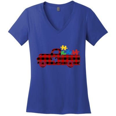 Red Plaid Truck Pickup Autism Puzzle Pieces Autism Awareness Meaningful Gift Women's V-Neck T-Shirt