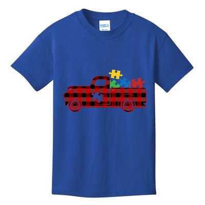 Red Plaid Truck Pickup Autism Puzzle Pieces Autism Awareness Meaningful Gift Kids T-Shirt
