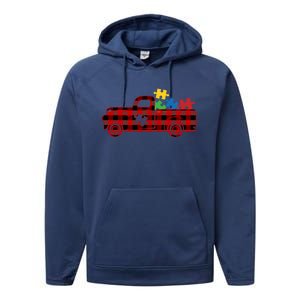 Red Plaid Truck Pickup Autism Puzzle Pieces Autism Awareness Meaningful Gift Performance Fleece Hoodie