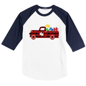 Red Plaid Truck Pickup Autism Puzzle Pieces Autism Awareness Meaningful Gift Baseball Sleeve Shirt