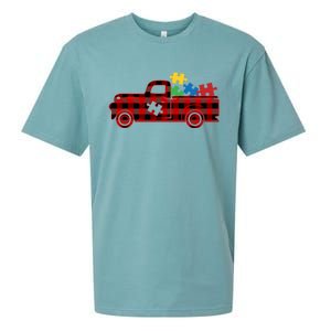 Red Plaid Truck Pickup Autism Puzzle Pieces Autism Awareness Meaningful Gift Sueded Cloud Jersey T-Shirt