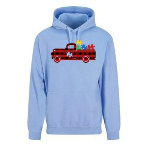 Red Plaid Truck Pickup Autism Puzzle Pieces Autism Awareness Meaningful Gift Unisex Surf Hoodie