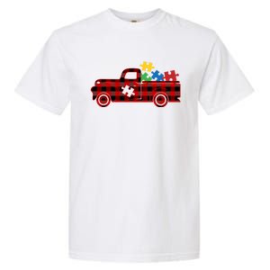 Red Plaid Truck Pickup Autism Puzzle Pieces Autism Awareness Meaningful Gift Garment-Dyed Heavyweight T-Shirt