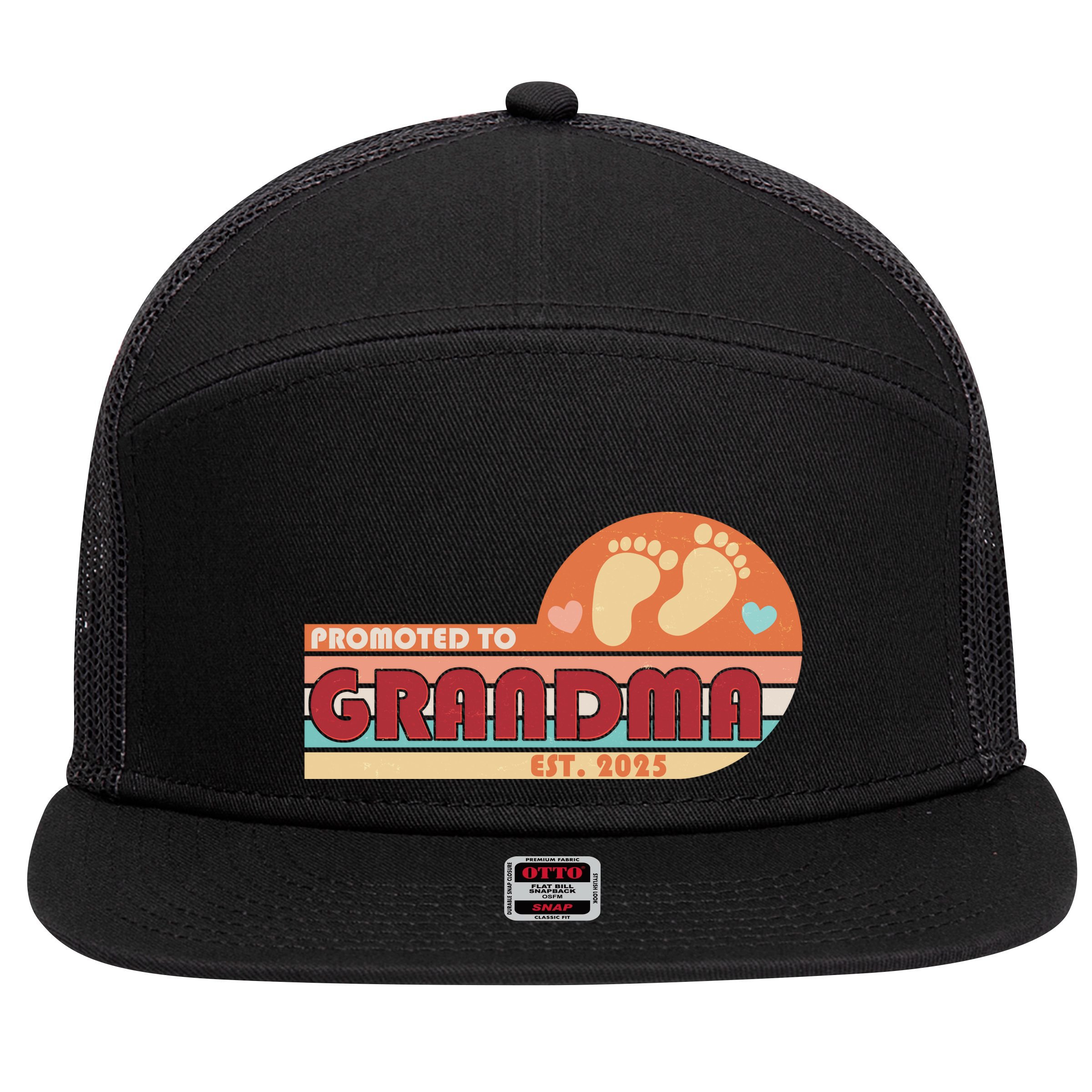 Retro Promoted To Grandma Established 2025 7 Panel Mesh Trucker Snapback Hat