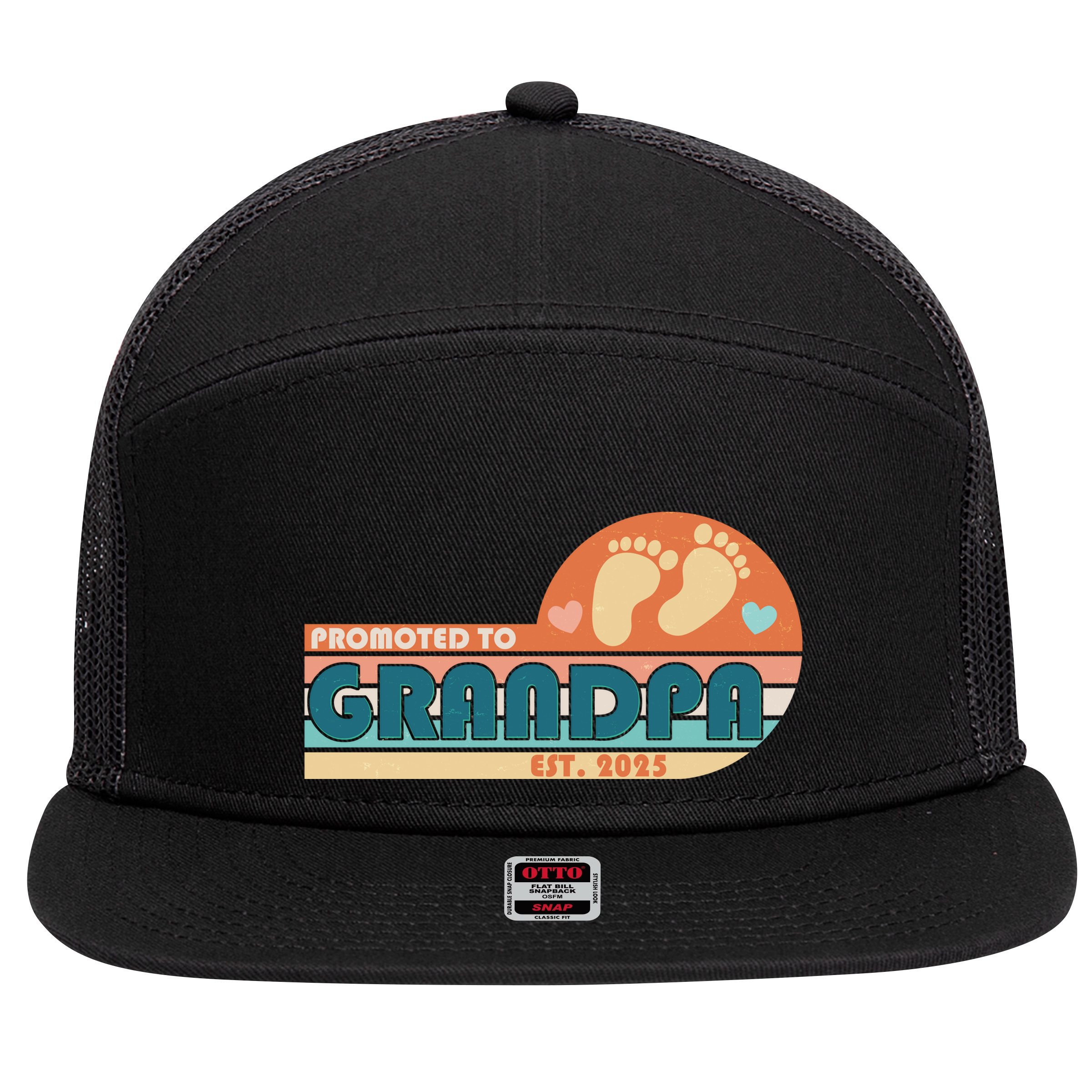 Retro Promoted To Grandpa Established 2025 7 Panel Mesh Trucker Snapback Hat
